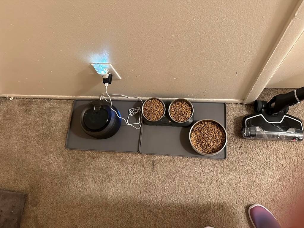 Dog eating from bowl on gray waterproof pet placemat with raised edges