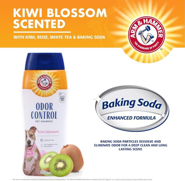 Arm & Hammer dog shampoo with baking soda, moisturizing formula for smelly dogs and puppies.