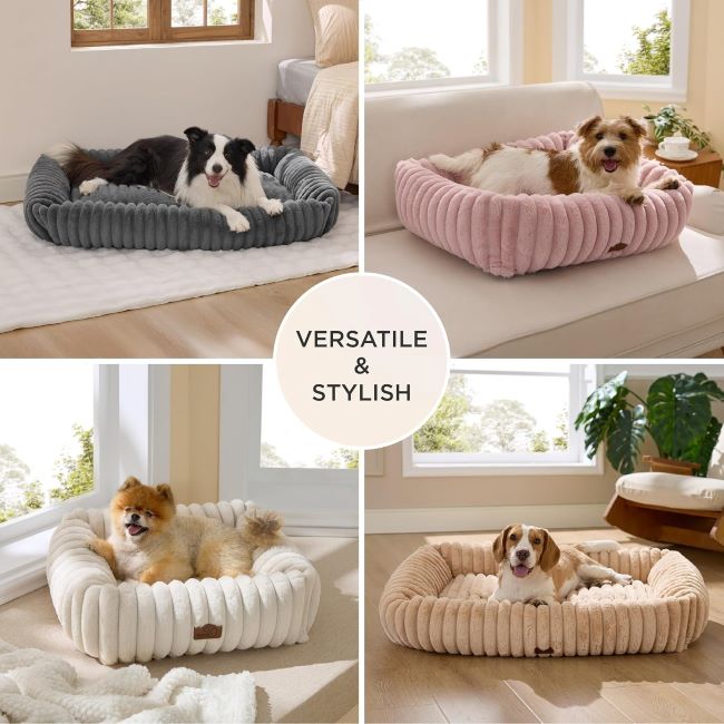 Plush Bedsure dog bed in cream, featuring fleece interior and zippered cover, ideal for restful pet sleep.