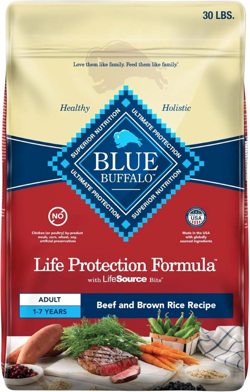 30-lb bag of Blue Buffalo Life Protection Adult Dog Food Beef & Brown Rice Recipe