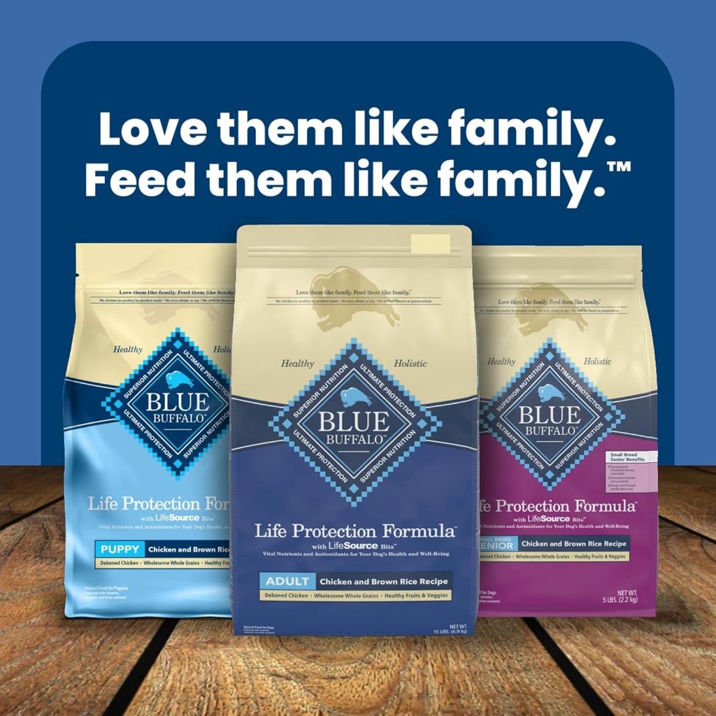 Healthy adult dog food by Blue Buffalo featuring chicken and brown rice formula for strong muscles