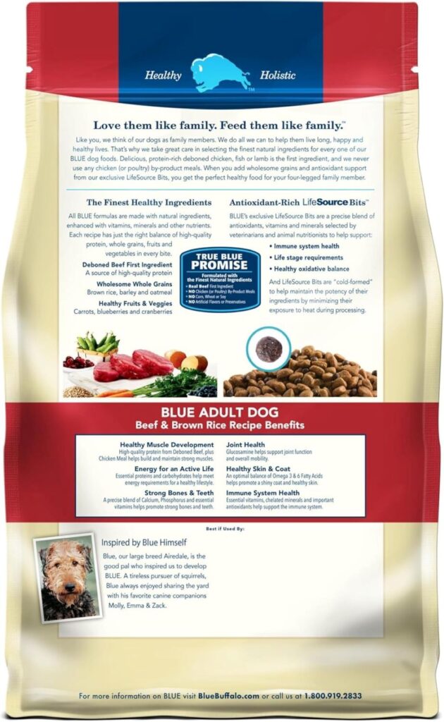 Close-up of Blue Buffalo Life Protection Formula kibble with beef and brown rice