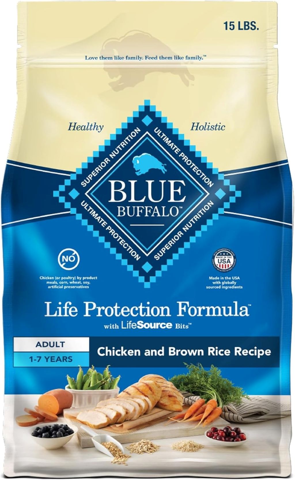 Blue Buffalo Life Protection Chicken & Brown Rice Adult Dog Food 15-lb bag with natural ingredients