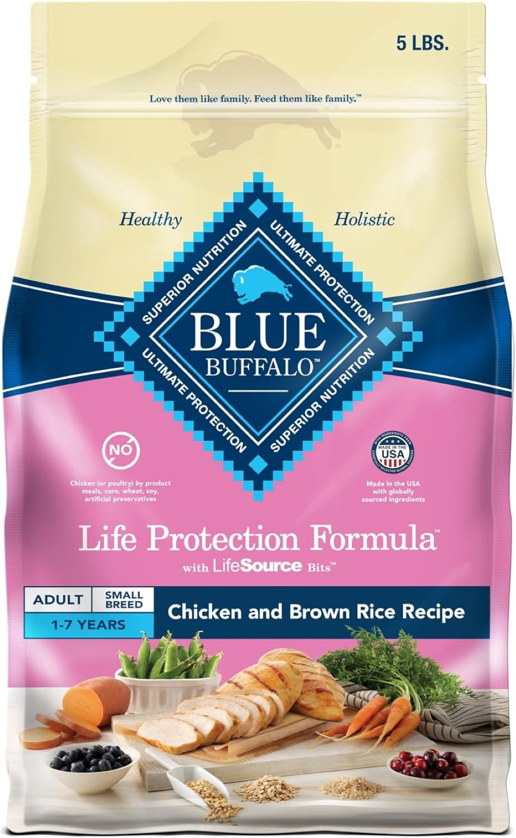 Blue Buffalo Small Breed Chicken & Brown Rice 5lb trial bag for healthy, happy dogs