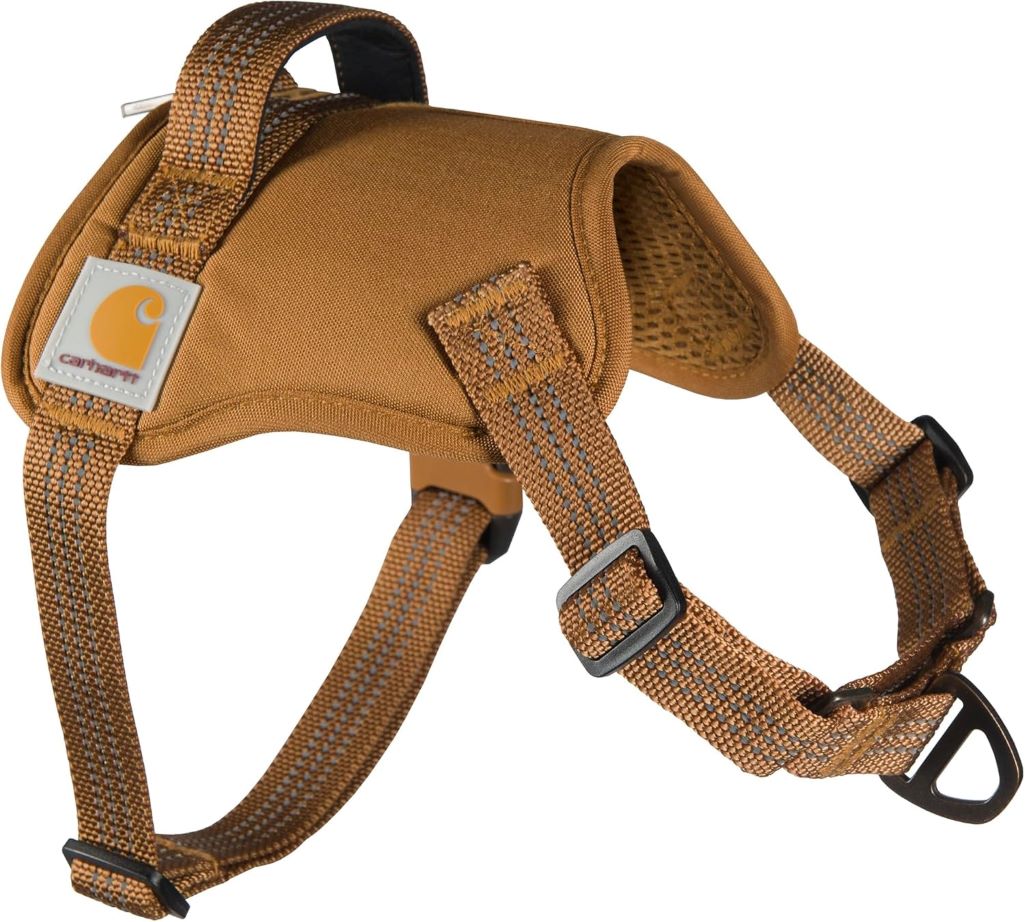 Durable Carhartt dog harness featuring quick-control handle and reflective safety details.