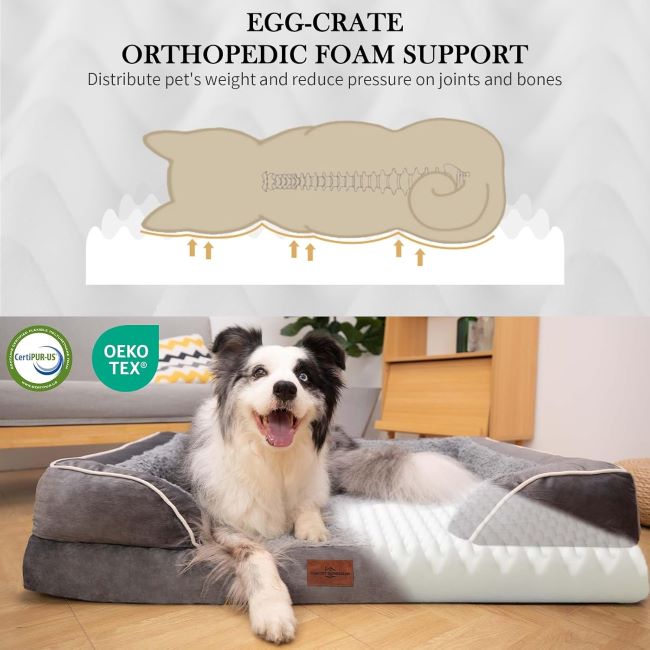 XL orthopedic dog bed with egg crate foam, bolsters, and non-slip base for ultimate comfort and restful sleep.