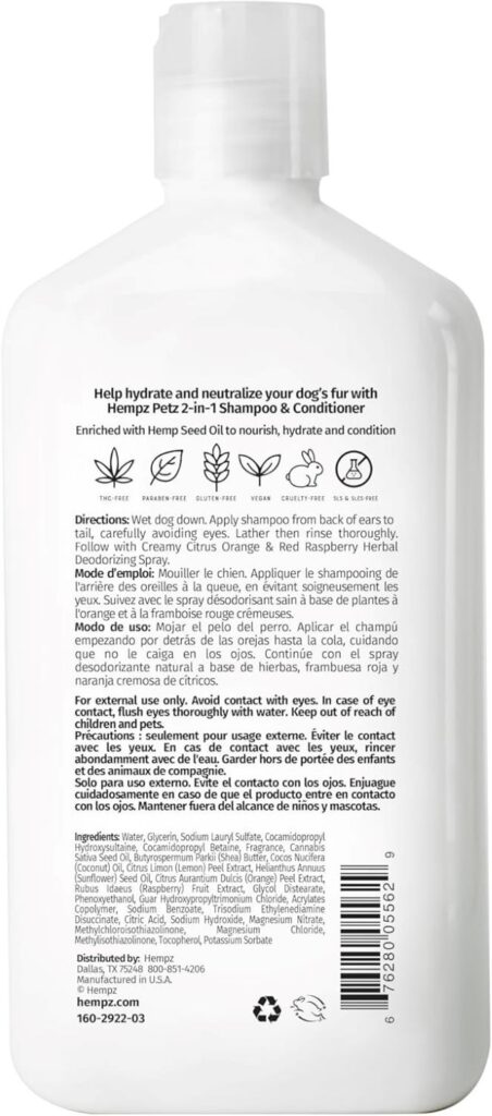 Hempz Petz 17 oz Dog Shampoo and Conditioner Creamy Citrus & Raspberry for Pets