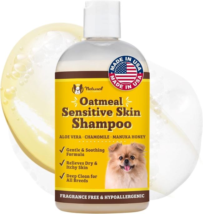 Dog getting a bath with Natural Dog Company Itchy Dog Shampoo for dry, irritated skin relief