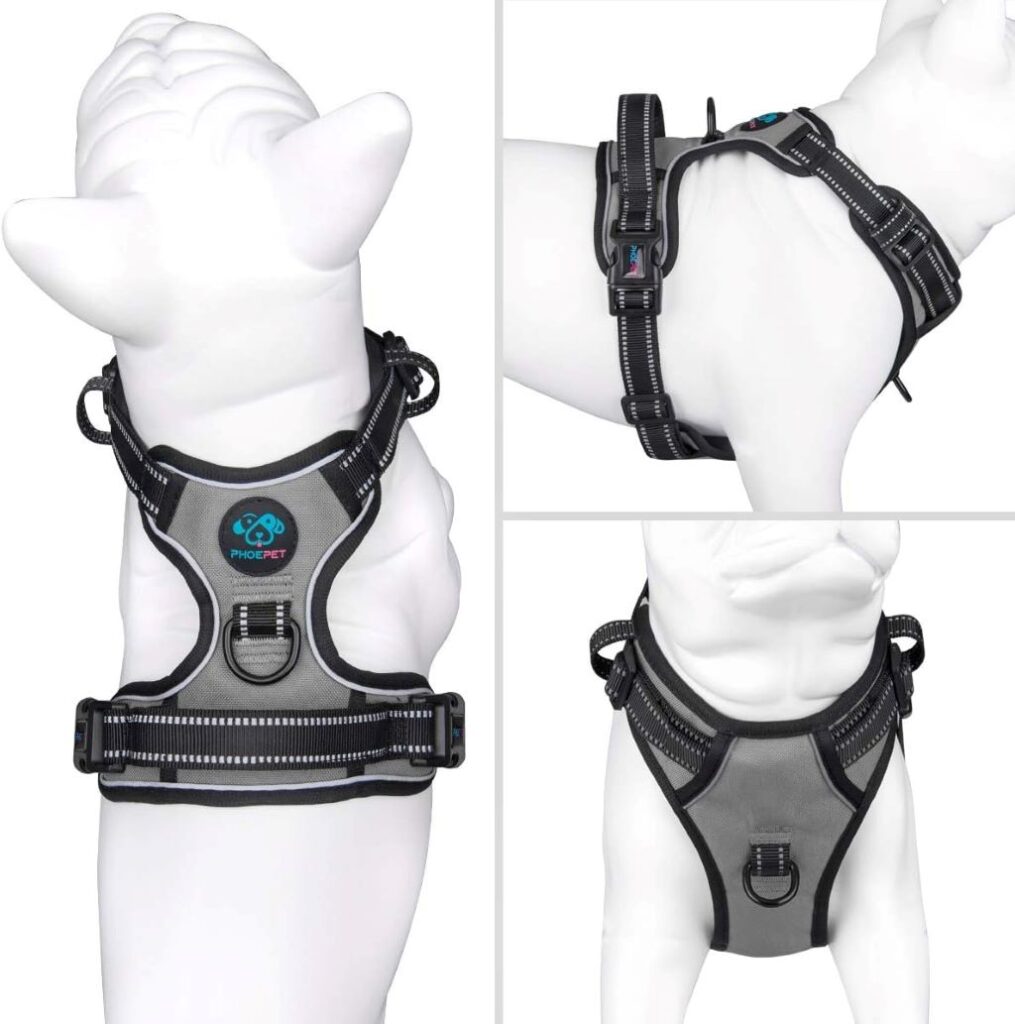 Adjustable PHOEPET Dog Harness in Grey for Medium Dogs with Two Buckles and Metal Rings