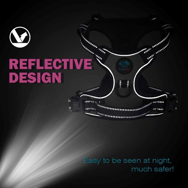 Grey Medium PHOEPET No-Pull Dog Vest Harness for Safe Walks with Reflective Strips