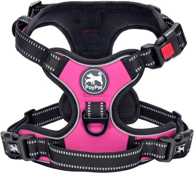 PoyPet medium pink no-pull dog harness with reflective straps and padded vest