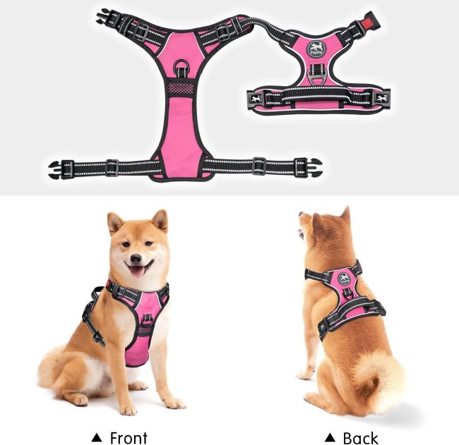 Comfortable adjustable PoyPet dog harness with front lead handle in pink