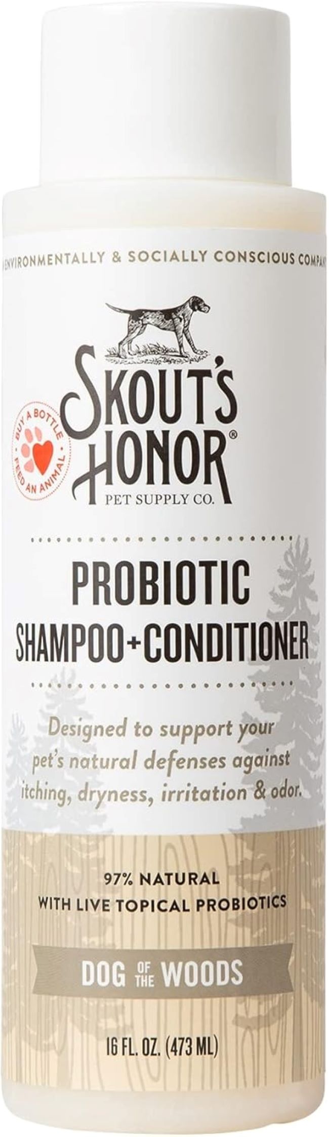 Bottle of Skout’s Honor Probiotic Pet Shampoo & Conditioner with Avocado Oil and Omega-3s for dogs.