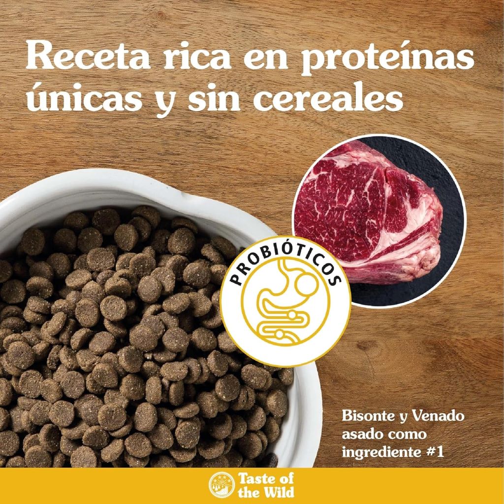 High-protein dog food for adults, featuring real meat and probiotics.