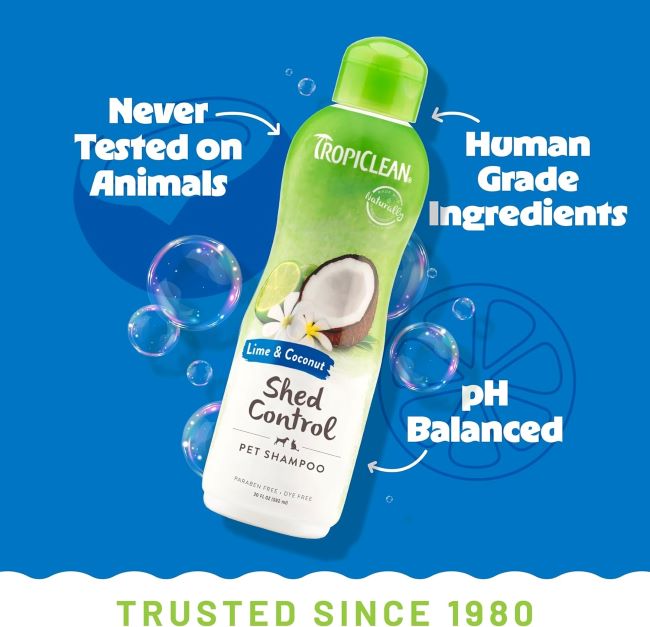Safe and effective TropiClean dog shampoo, made in the USA, gentle on pets’ coats.