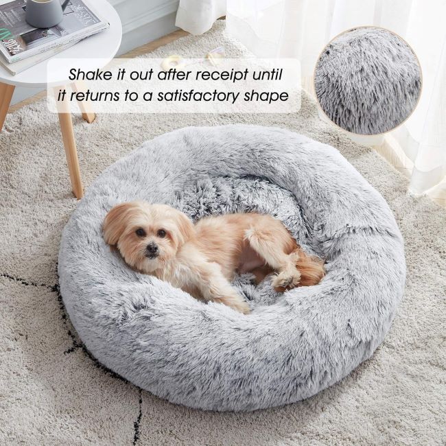 Cozy Round Donut Pet Bed – Light Grey Anti-Anxiety Bed for Small and Medium Dogs and Cats