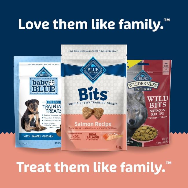 Close-up of Blue Buffalo Bits soft salmon treats, healthy rewards for dogs.