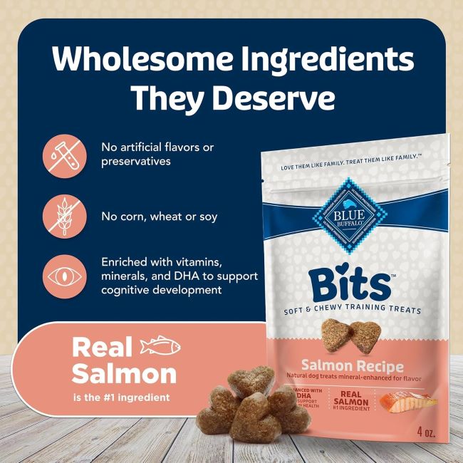 Bag of Blue Buffalo Bits salmon-flavored dog treats, ideal for training and enriched with DHA.