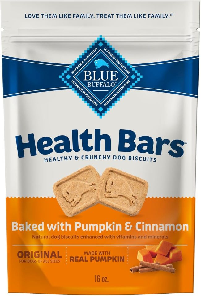 Blue Buffalo Pumpkin & Cinnamon Health Bars crunchy dog biscuits in 16-oz bag