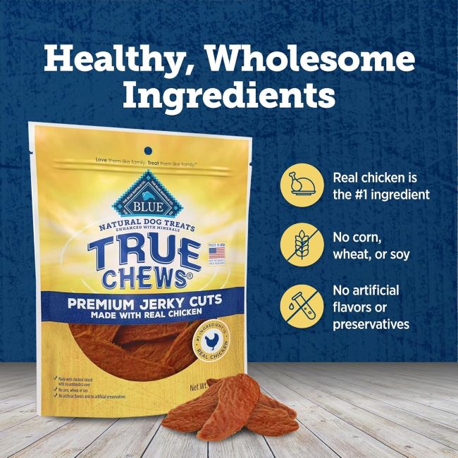 Premium Blue Buffalo True Chews Chicken dog treats made with natural ingredients.