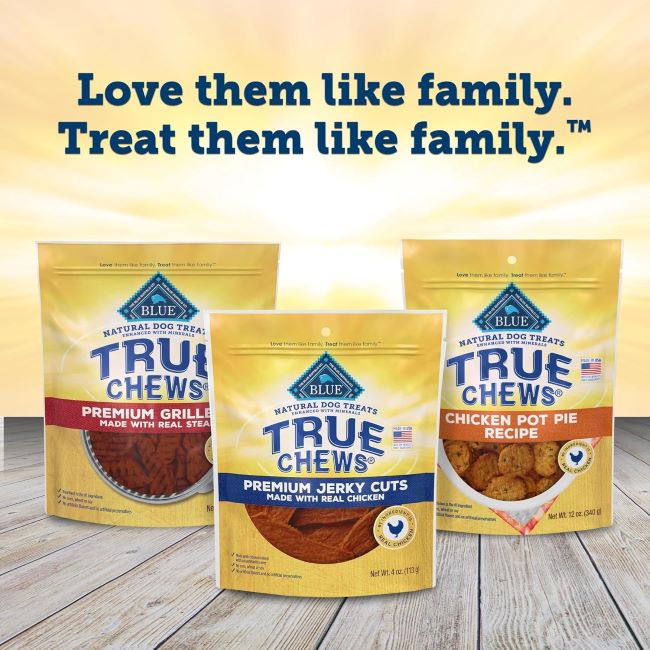 All-natural Blue Buffalo True Chews Chicken Jerky treats for happy, healthy dogs.