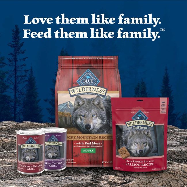Blue Buffalo Wilderness grain-free wet dog food cans in beef, chicken, and salmon flavors for adult dogs.