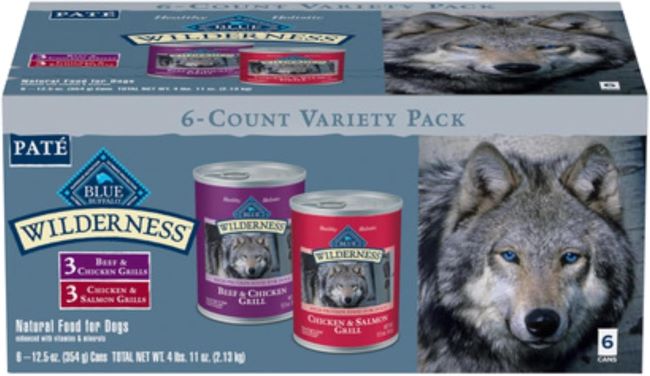 Variety pack of Blue Buffalo Wilderness high-protein wet dog food featuring 12.5 oz cans in assorted flavors.
