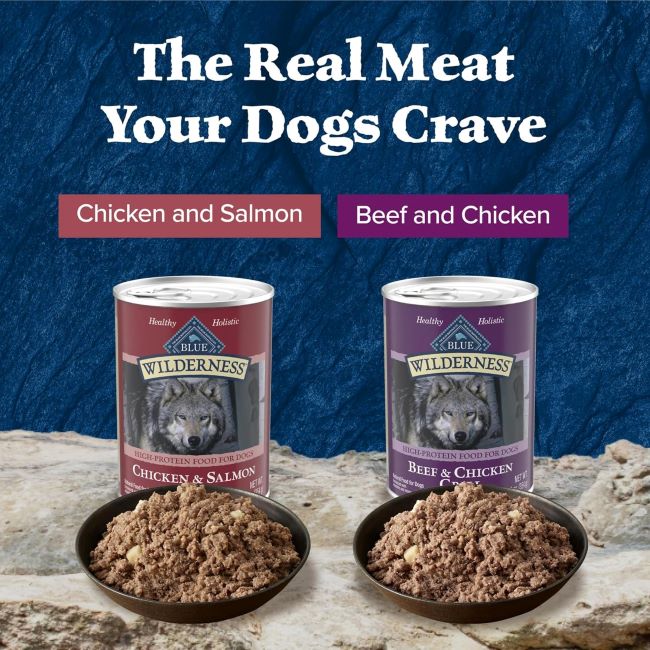 Close-up of Blue Buffalo Wilderness wet dog food cans highlighting grain-free, high-protein recipes for adult dogs.