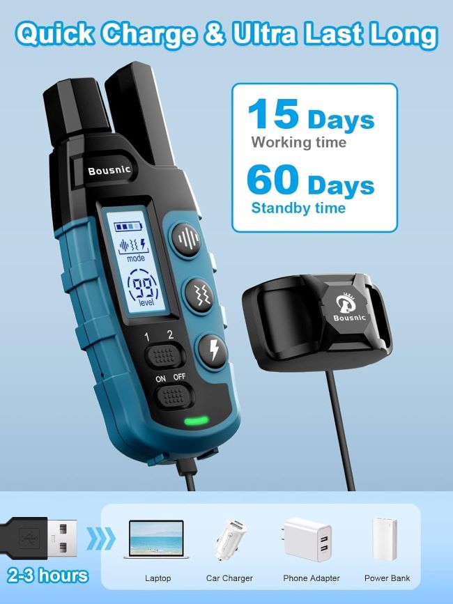 Waterproof Bousnic training collar with beep, vibration, and shock modes for small to large dogs