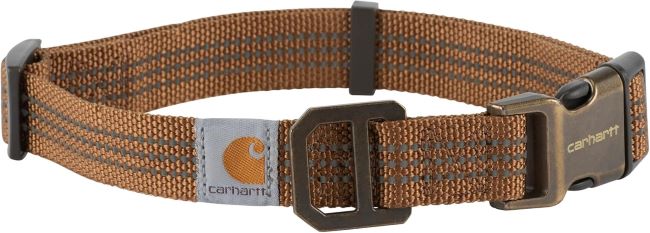 Carhartt medium brown nylon dog collar with adjustable strap and reflective stitching.