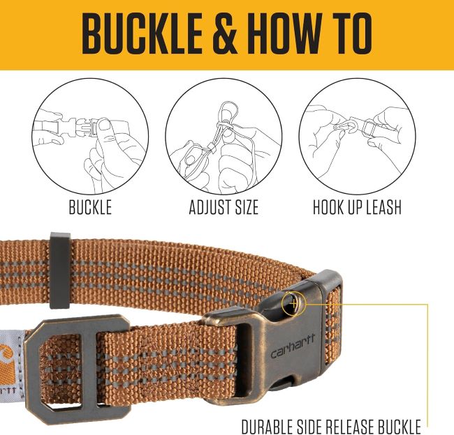 Adjustable Carhartt dog collar in nylon, brown color, with reflective details for safety.