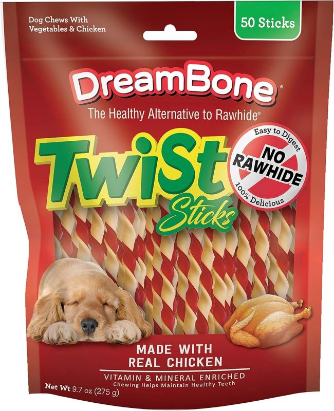 DreamBone Twist Sticks – Rawhide-free chicken chews for dogs, 50-count pack.