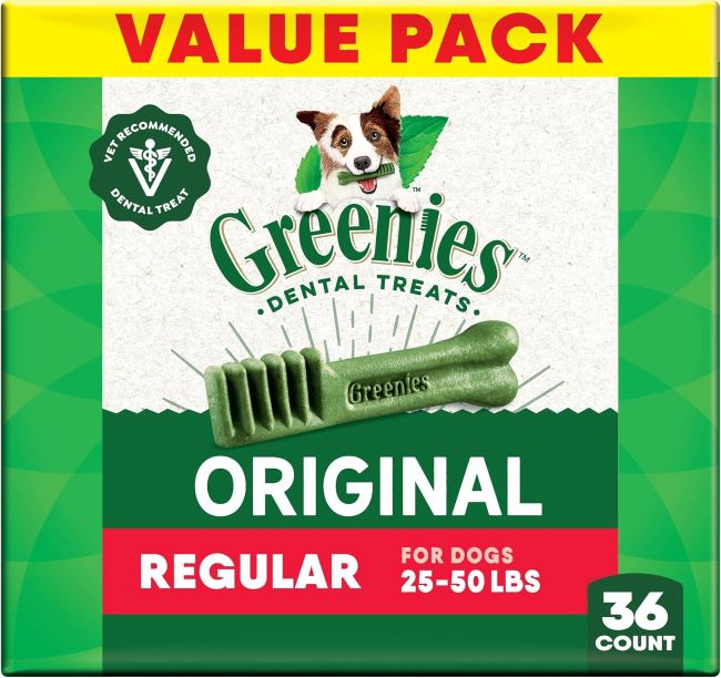 Greenies Original Dental Dog Treats pack promoting clean teeth and fresh breath