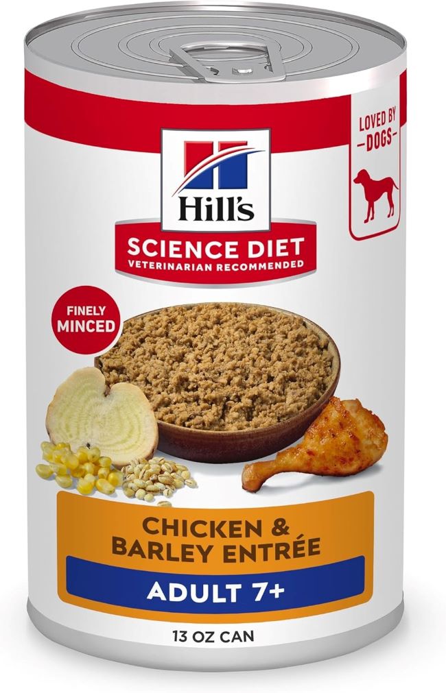 Hill's Science Diet Adult 7+ Chicken & Barley Loaf wet dog food can for senior dogs