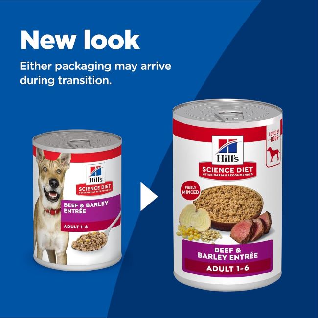 Premium wet dog food for adult dogs, Hill’s Science Diet Beef & Barley flavor, 12-pack of 13 oz cans