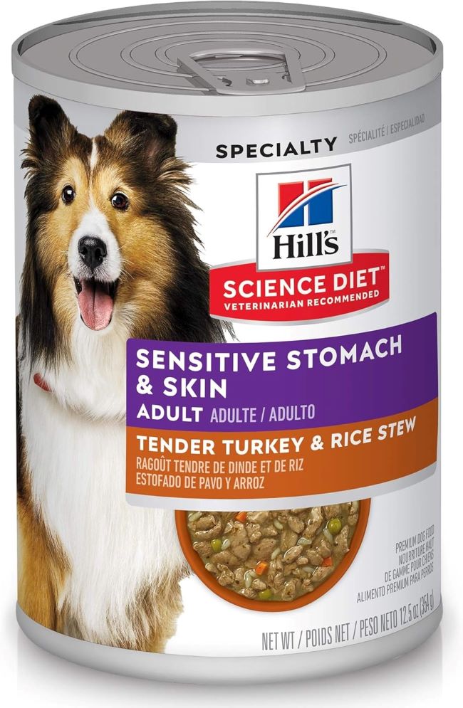 Hill's Science Diet Turkey & Rice wet dog food for adult dogs with sensitive stomachs and skin.