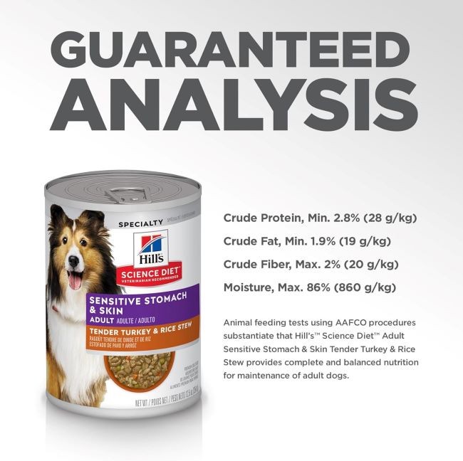 Wet dog food for adults supporting sensitive stomachs and skin – Hill's Science Diet Turkey & Rice.