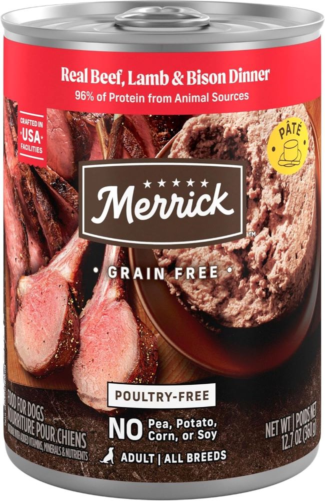 Merrick Grain-Free Wet Dog Food with real beef, lamb, and bison in 12-pack cans