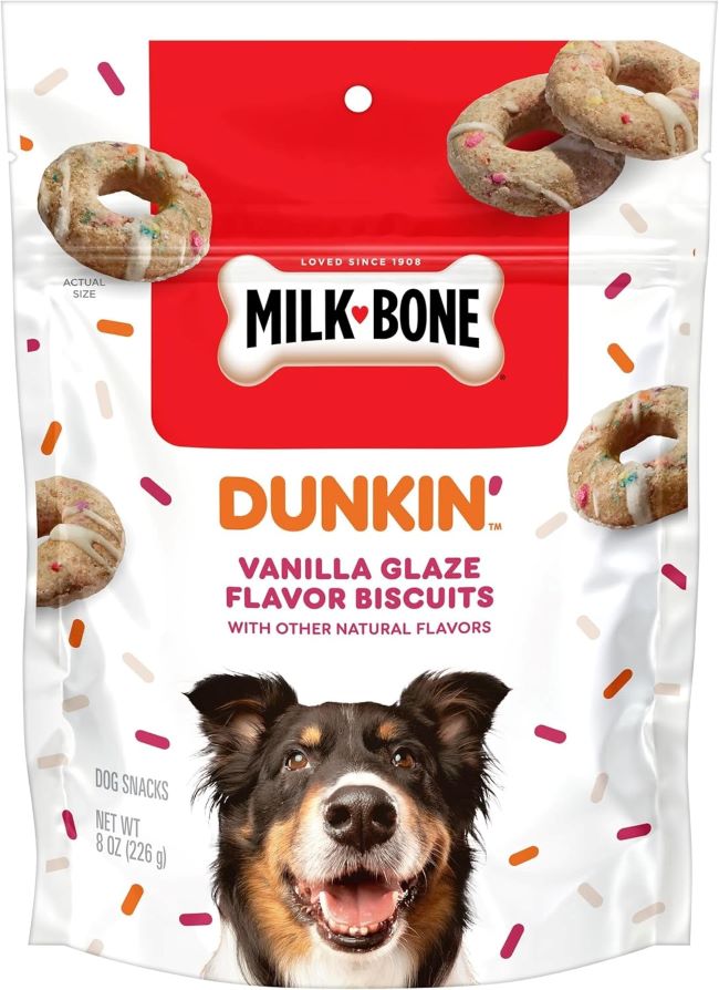 Bag of Milk-Bone Dunkin' Vanilla Glaze Dog Biscuits, tasty treats for dogs.