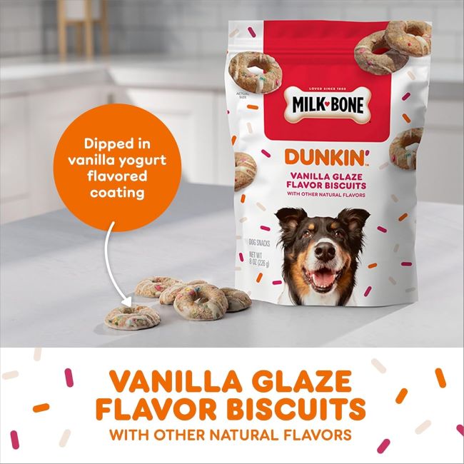 Milk-Bone Dunkin' dog biscuits with vanilla glaze, a favorite dog snack.