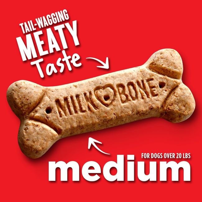 Close-up of Milk-Bone crunchy dog biscuits for medium-sized dogs