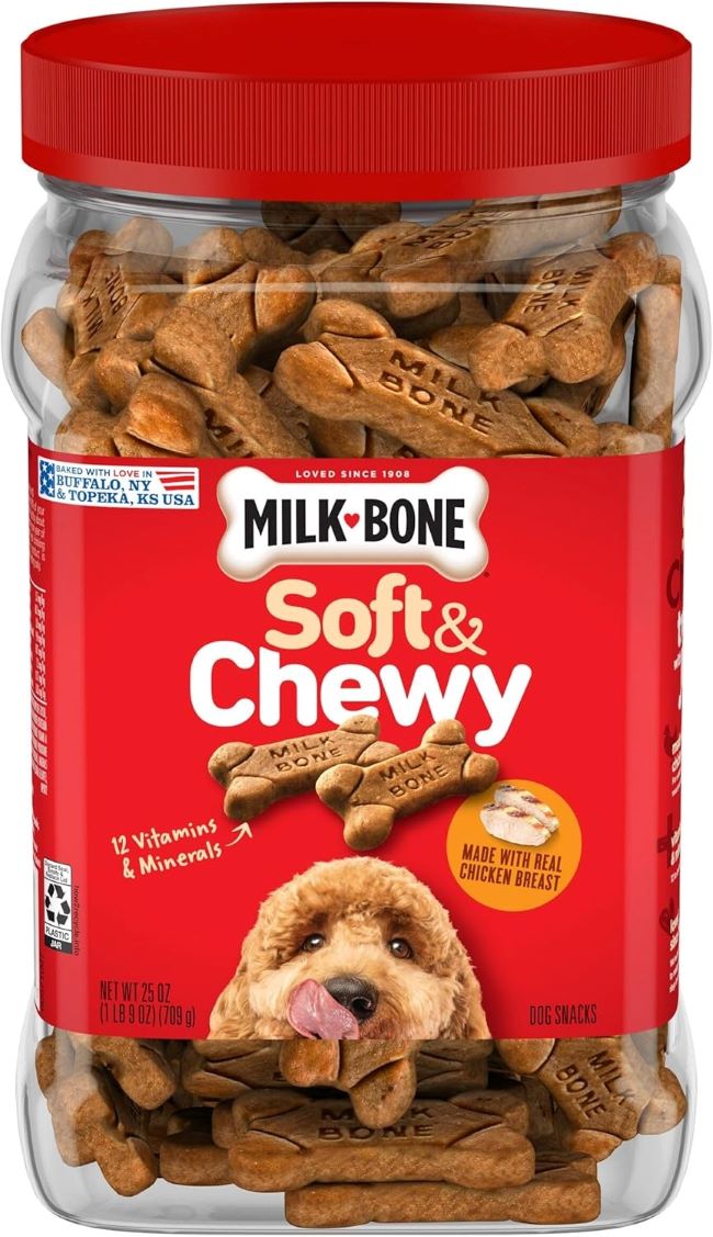 Milk-Bone Soft & Chewy Chicken Dog Treats package with treats spilling out