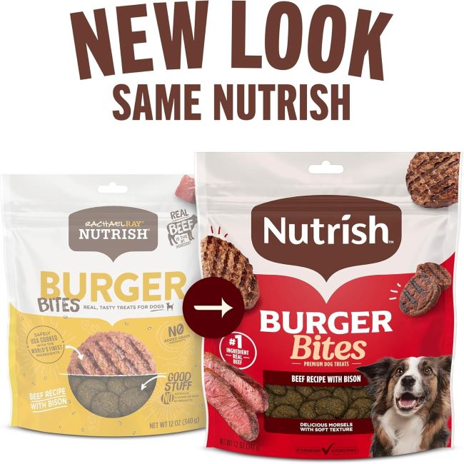Close-up of Nutrish Beef & Bison dog treats by Rachael Ray in 12 oz pouch