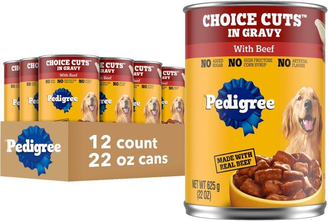 Pedigree wet dog food 12-pack cans featuring beef flavor in gravy