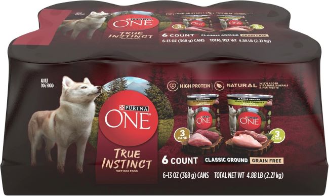 Purina ONE Grain-Free Wet Dog Food 6-pack with variety of flavors for dogs.