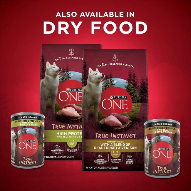 Assorted Purina ONE Grain-Free Wet Dog Food cans in a 6-pack.