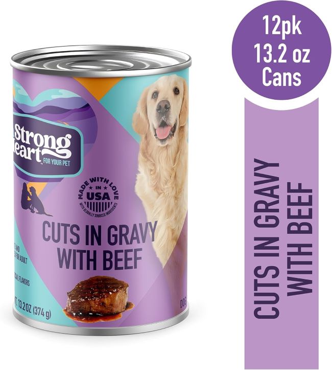 Canned dog food with beef cuts in gravy from Strong Heart, promoting healthy, happy dogs.