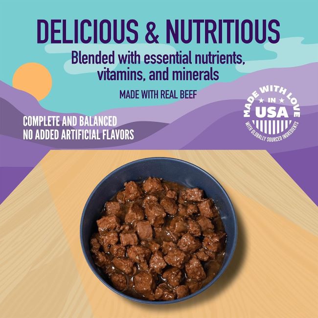 American-made Strong Heart Wet Dog Food featuring real beef in savory gravy for dogs.
