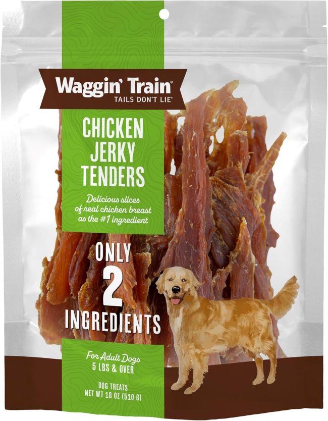 Waggin’ Train Chicken Jerky Grain-Free Dog Treats in 18oz pouch on kitchen counter.