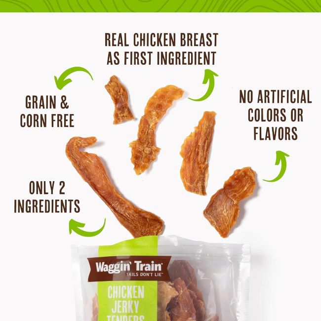 Close-up of Waggin’ Train Chicken Jerky treats showing natural, grain-free texture.